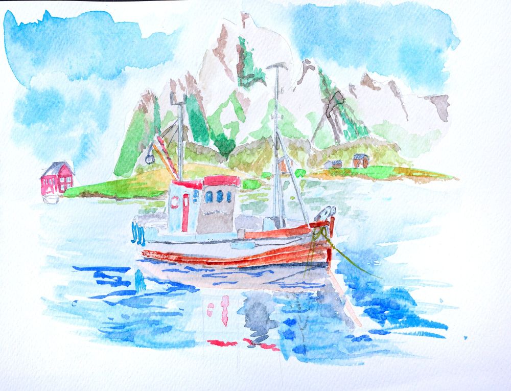Aquarelle bateau de pêche