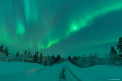 Photographie d'une aurore boréale verte en Laponie